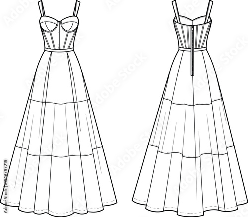 Tiered corset maxi dress technical flat sketch vector illustration, bustier bodice long gown fashion CAD drawing for design and development.