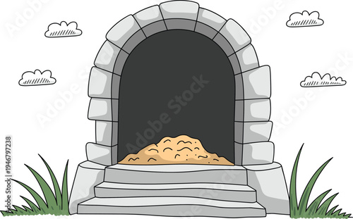 Ancient stone cave entrance with sand pile vector illustration, cartoon archaeological tunnel doorway in nature landscape background scene