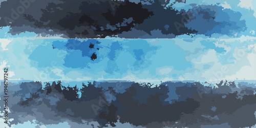 A global vector illustration of a blue world map across a bright sky, representing the earth and its continents as a symbolic design for international business, travel, and geography