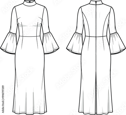 Bell sleeve maxi dress technical flat sketch vector illustration, high neck long gown fashion CAD drawing for design and development.