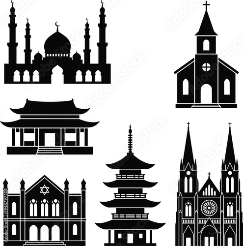 Black and white silhouettes of various religious buildings and landmarks