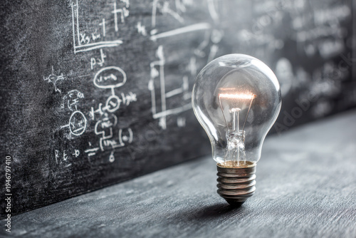 Conceptual image of a glowing light bulb standing on a surface with scientific formulas and mathematical equations on a blackboard in the background