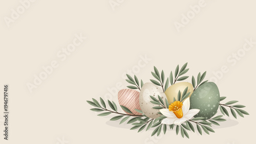 Easter eggs banner vector with daffodil flower and olive branches, spring holiday greeting card background and website header design