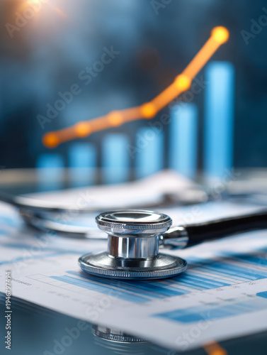 Medical stethoscope resting on financial charts with a rising bar graph and a glowing trend line symbolizing healthcare industry growth and analysis