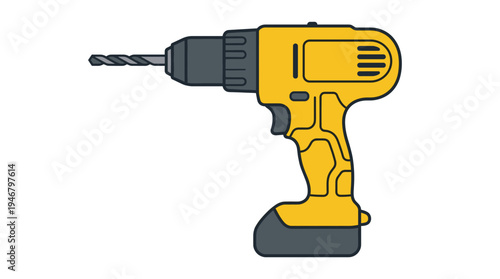 A yellow cordless power drill illustration. This modern flat icon represents repair, construction, and DIY projects. Perfect for home improvement or industrial tool concepts.
