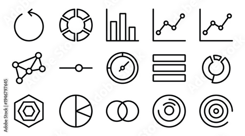 A versatile set of thin line vector icons for business, data, and analytics. Includes charts, graphs, and abstract symbols. Perfect for UI, web design, and presentations.
