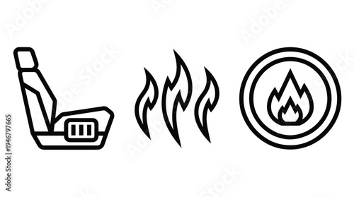 A set of black line icons representing a car's heated seat function. Includes seat, heat levels, and dashboard button symbols. Ideal for automotive UI, app, and web design.