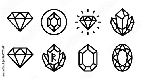 A collection of minimalist black line art icons featuring diamonds, gems, crystals, and a magic rune. Perfect for logo design, jewelry branding, and modern web interface elements.