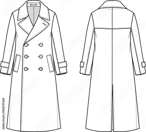 Double Breasted Long Coat Technical Fashion Sketch Front And Back View CAD Drawing Flat Vector Illustration For Outerwear Design And Manufacturing