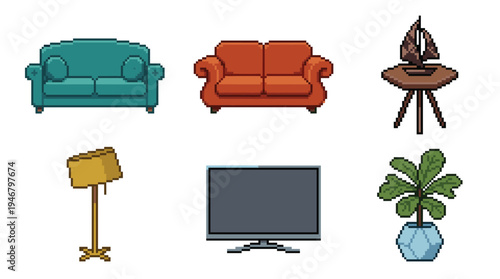 A set of pixel art furniture and decor for a living room. Includes sofa, tv, lamp, and plant. Perfect for retro video games, web design, or digital art projects.