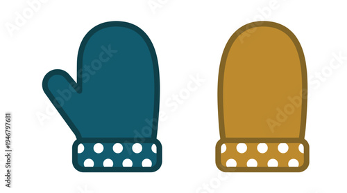 A pair of warm winter mittens illustration. Blue and brown gloves with a cute polka dot pattern. Simple vector icon for Christmas, holidays, cold weather, and seasonal design.