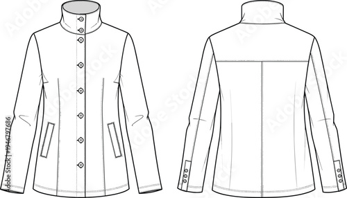 Women Standing Collar Jacket Technical Fashion Sketch Front And Back View CAD Drawing Flat Vector Illustration For Apparel Design And Manufacturing