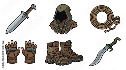 A cartoon vector set of a fantasy adventurer's equipment. Includes sword, dagger, hood, boots, and gloves for RPG, gaming, or book illustration.