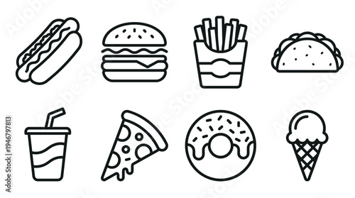 A set of black line icons depicting popular fast food items and drinks. This minimalist vector collection is perfect for menus, apps, and food delivery service branding.