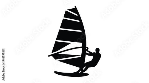 A black silhouette of a windsurfer in action on a sailboard. This minimal vector icon represents summer, sports, travel, and adventure. Perfect for logos or web design.