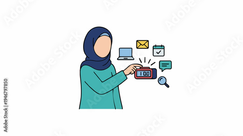 Muslim Woman Interacting With Digital Devices And Icons Representing Communication And Organization