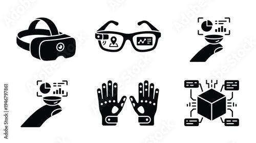 Set of black glyph icons for virtual and augmented reality. Includes VR headset, AR glasses, smart lens and gloves. Represents metaverse, future technology and innovation.