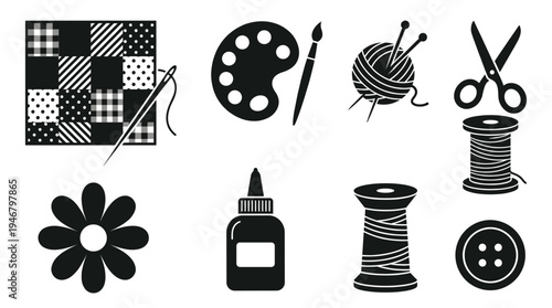 A set of black silhouette icons for creative hobbies like sewing, knitting, and painting. Perfect for DIY blogs, craft store branding, or handmade project tutorials.