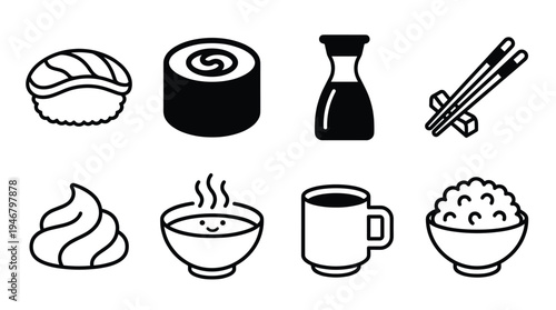 A set of minimalist icons featuring Japanese food. Includes sushi, rice, soup, soy sauce, and chopsticks. Perfect for restaurant menus, apps, and culinary websites.