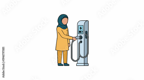 Woman Wearing Hijab and Yellow Outfit Charging Electric Vehicle at Modern Charging Station