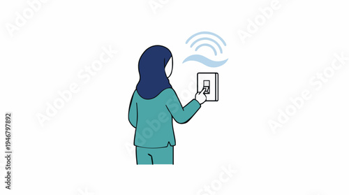 Person Adjusting A Light Switch With Wifi Signal Above Indicating Smart Home Technology