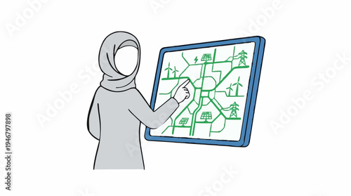 Woman In Hijab Gestures At A Smart Grid Energy Diagram Displaying Wind Turbines And Power Lines On A White Background