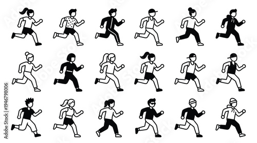 Vector icon set depicting diverse men and women running in various activewear. Ideal for fitness apps, sports graphics, health promotions, and general exercise concepts.