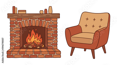 A cozy vector set with a burning fireplace and a retro armchair. Warm interior elements for creating a comfortable, relaxing atmosphere. Perfect for home decor or seasonal design.