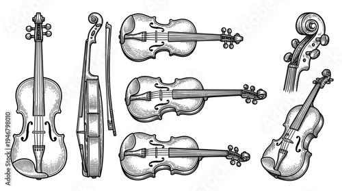 Elegant vector collection featuring classic violins and bows with intricate engraving details. Excellent for music schools, concert posters, historical themes, and art projects.