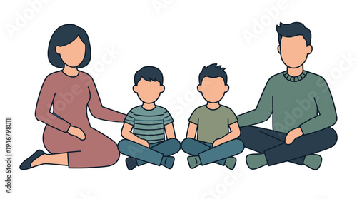 Modern minimalist family illustration. Parents and two boys sitting together, fostering a sense of togetherness and support. Ideal for diverse family themes, education, and digital design projects.