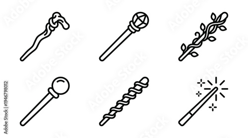 A diverse collection of outline vector icons featuring various magic wands and staffs. Perfect for fantasy games, mystical themes, and whimsical designs.