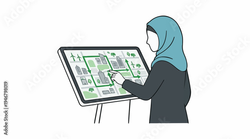 Woman Wearing Blue Hijab Interacting With Digital City Map Displaying Green Routes And Buildings On White Background