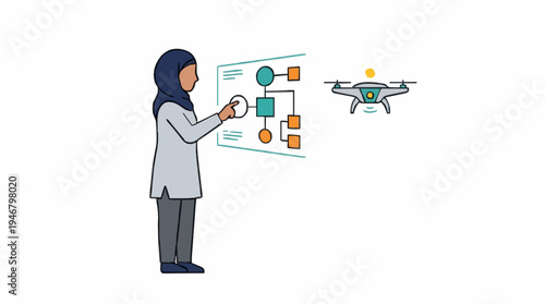 Woman Wearing Hijab Interacts With Digital Flowchart Display Near Drone Technology White Background