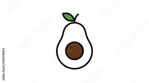 Clean minimalist vector icon of a halved avocado, showcasing its seed and green leaf. Perfect for healthy eating, food blogs, or modern branding. Fresh, simple design.