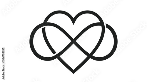 A minimal black vector icon of a heart intertwined with an infinity symbol. Represents eternal love, romance, and infinite connection. Perfect for logos or wedding designs.