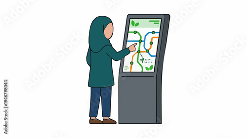 Woman wearing a teal hijab and dark pants looking at a digital map kiosk with colorful routes and icons on a white background