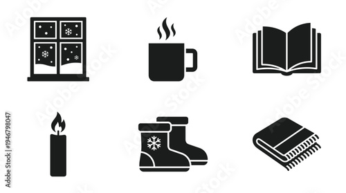 A set of cozy winter icons. Includes a snowy window, hot drink, book, candle, boots, and blanket. Perfect for hygge lifestyle, comfort, and seasonal design concepts. Vector.