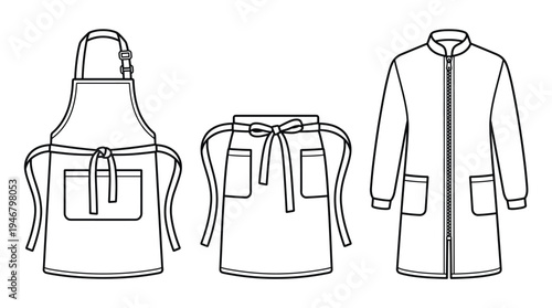 Clean vector outlines of professional workwear: a full apron, half apron, and lab coat illustration. Ideal for uniform design, food service, medical, or craft industry branding.