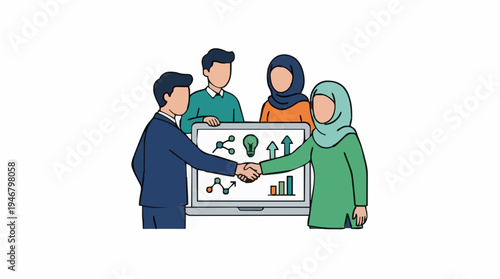 Business partners shaking hands in front of a laptop displaying charts and graphs in a professional meeting room setting