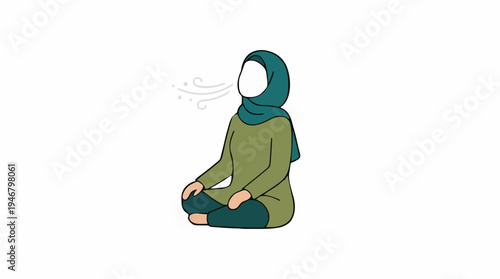 Woman Wearing Hijab and Green Outfit Sitting Cross-legged Exhaling Gently with White Background and Soft Lines
