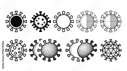 A comprehensive vector collection of virus icons presented in various black and white illustrative styles. Perfect for medical infographics, health articles, and digital design.