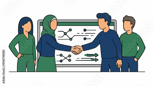 Diverse Business Team Collaborates Shaking Hands in Front of Presentation Board with Charts and Graphs Detailed Data Visualization and Strategic Planning Concept
