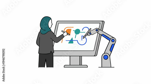 Woman in Hijab Collaborates with Robotic Arm on Digital Whiteboard Displaying Geometric Shapes and Flowchart Elements with Clean Lines and Vibrant Colors