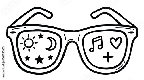 A creative hand drawn doodle of sunglasses. Reflections show day, night, music, and love symbols. Perfect for summer, festival, or artistic concepts. Fun vector illustration.