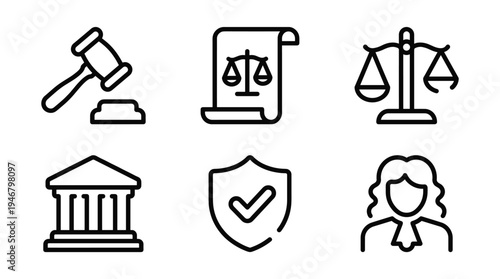 A set of six minimalist black line icons representing law, justice, and legal concepts. Includes gavel, court, judge, and scales. Perfect for legal websites or applications.