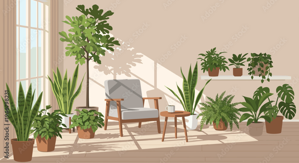 Fototapeta premium Sunlit indoor plant corner with armchair and potted greenery in minimal flat illustration style, cozy home interior concept for urban jungle lifestyle, relaxation space and botanical design