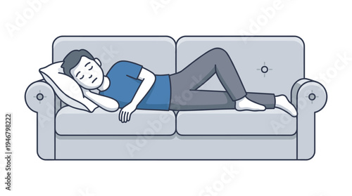 A relaxed man is napping peacefully on a comfortable couch, resting on a soft pillow. This vector illustration depicts comfort and downtime, perfect for themes of sleep, relaxation, or home life.