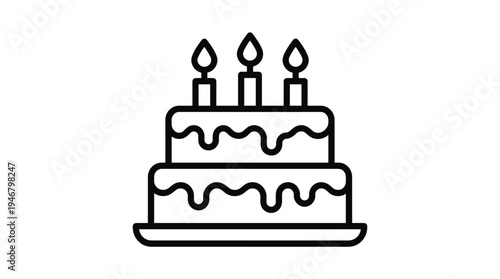 Minimalist birthday cake icon. A simple black line art illustration of a two-tier cake with frosting and three lit candles. Perfect for celebrations, party invitations, and web design.