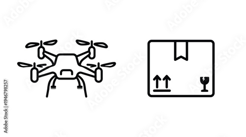 A set of modern line icons featuring a delivery drone and a cardboard box. A vector illustration for logistics, e-commerce, and future autonomous shipping services concepts.