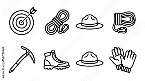 A set of black line icons for outdoor adventure and recreation. Includes items for camping, hiking, and climbing. Perfect for UI, web design, and infographics.